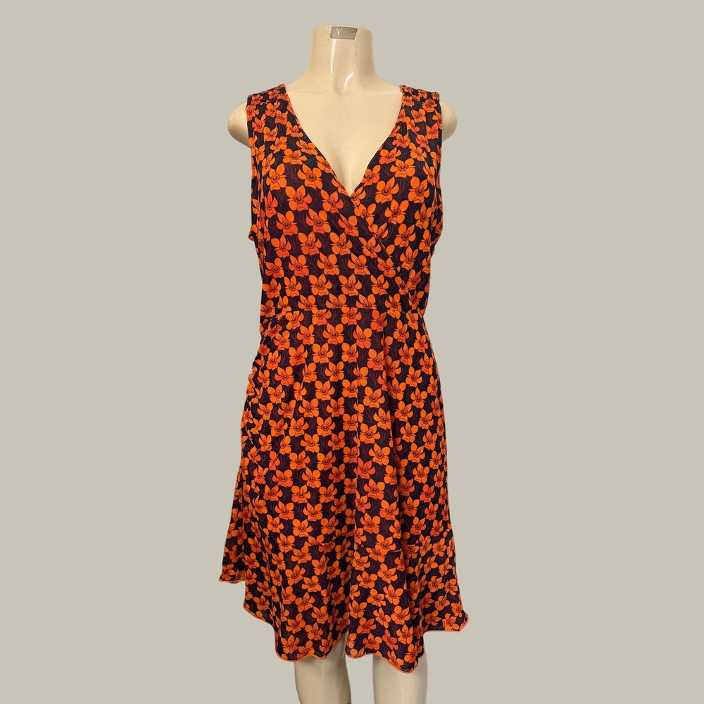 Cabi Orange‎ Navy Floral polka dot reversible stretch Dress Sleeveless  Size M